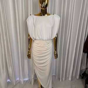 White Ruched Power Shoulder Midi Dress sz S
